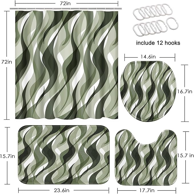 Green Shower Curtain Set with Toilet Lid Cover and Non-Slip Rugs for Bathroom, Geometric Lines Ombre 4 Pcs Shower Curtain, Simple Abstract Modern Bathroom Set with 12 Hooks