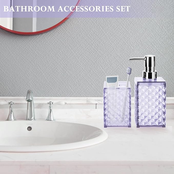 Bathroom Accessories Set 2 PCS, Purple Bathroom Accessories Include Soap Dispenser and Toothbrush Holder, Diamond Pattern Bathroom Set for Boho Bathroom Decor