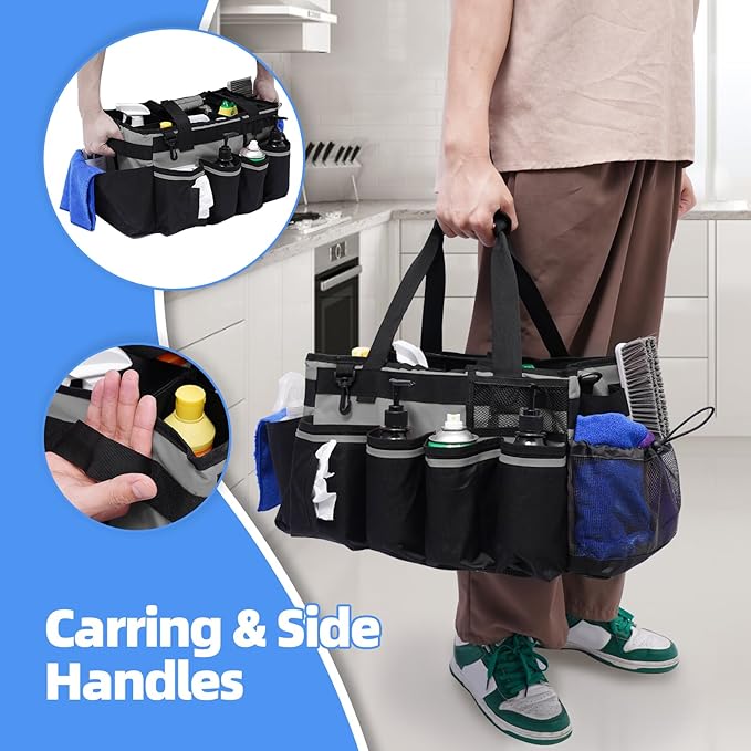 Large Cleaning Supplies Bags for Housekeepers, Professional Wearable Cleaning Supply Caddy for House Cleaners Detail Car Cleaning Supplies Organizer Tote with Handle, Grey