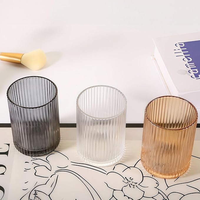 DASITON Makeup Brush Holder Organizer, Crystal Cosmetic Makeup Brushes Storage Holder, Glass Make Up Brush Holder, Vintage Striped Make Up Cup Desk Pen Pencil Holder, Toothbrush Holders (Gray S)