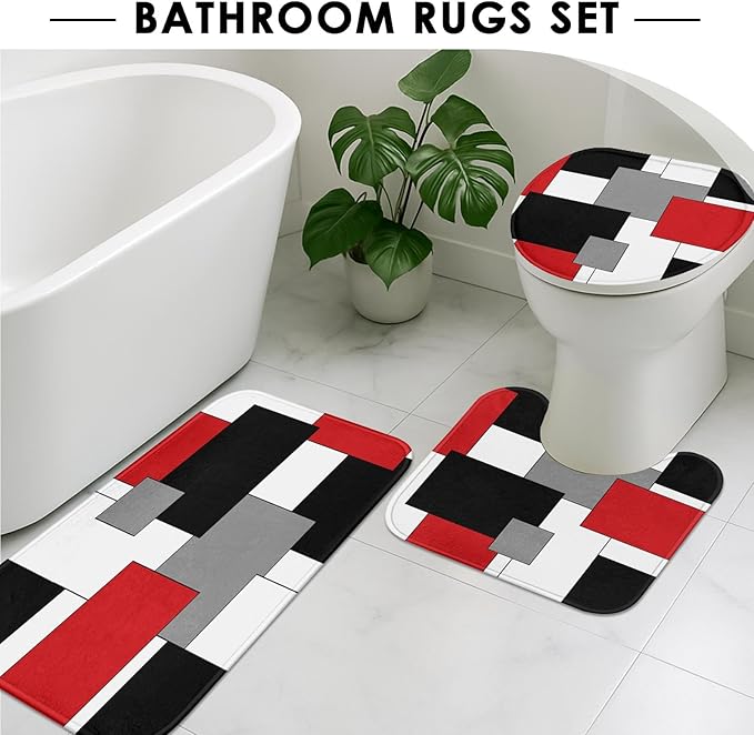 Red Geometric Shower Curtain Set with Toilet Lid Cover and Non-Slip Rugs for Bathroom, Black White Grey Checkered 4 Pcs Shower Curtain, Modern Abstract Bathroom Set with 12 Hooks