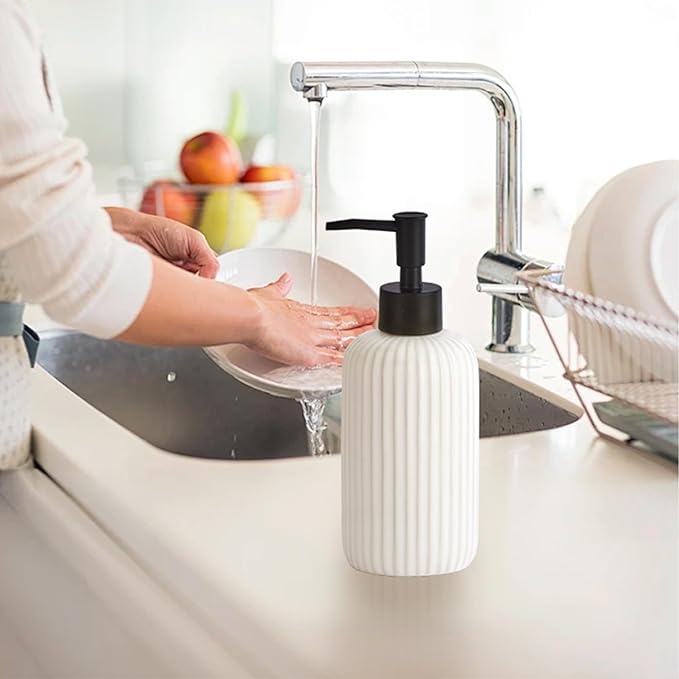 Hand Soap Dispenser Bathroom Accessories, 15oz Ceramic Dish Soap Dispenser for Kitchen Sink, Refillable Liquid Pump Bottle for Shampoo, Lotion, Conditioner, Black White Bathroom Decor