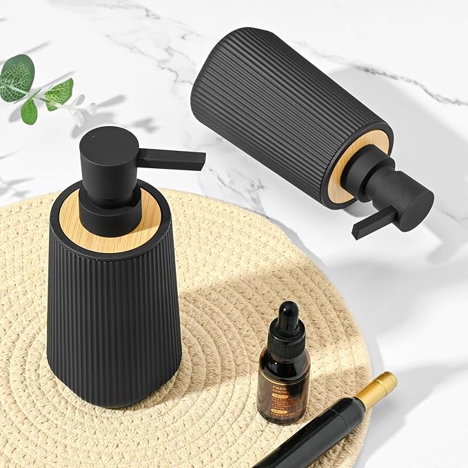 Black Hand Soap Dispenser Set with Bamboo Decor and No Rust Pump for Bathroom and Kitchen Countertops Refillable Striped Matte Plastic 8.5 oz
