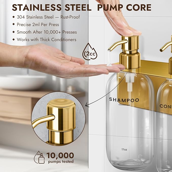 KOUCHU Shampoo and Conditioner Dispenser Set - Wall Mounted Shower Soap Dispenser - 17oz No-Drill Refillable Plastic Pump Bottles for Bathroom Kitchen - Includes Soap Dish and Hook (Transparent)