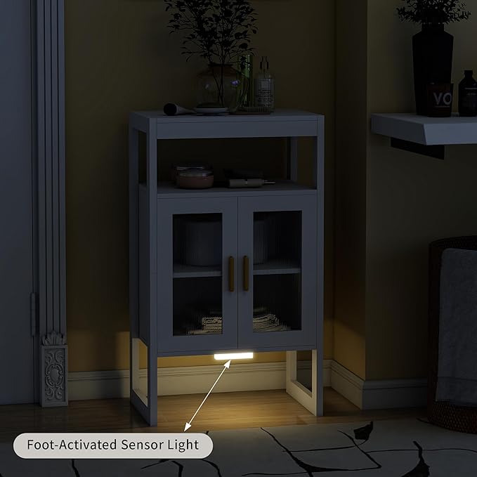 Bathroom Floor Storage Cabinet Freestanding Organizer with Sensor Light & Acrylic Doors for Bathroom, Home Office, Bedside, Sofa Side Table