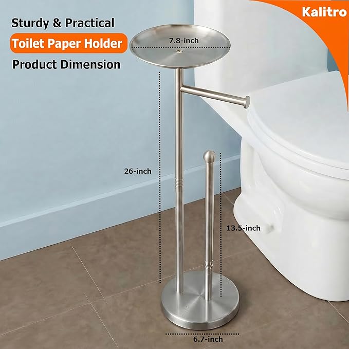 Kalitro Toilet Paper Holder Freestanding with Big Shelf, 4 Rolls Reserve Paper Holder Stand, Modern Paper Roll Holder with Storage Space for Phones (Brushed Nickel)