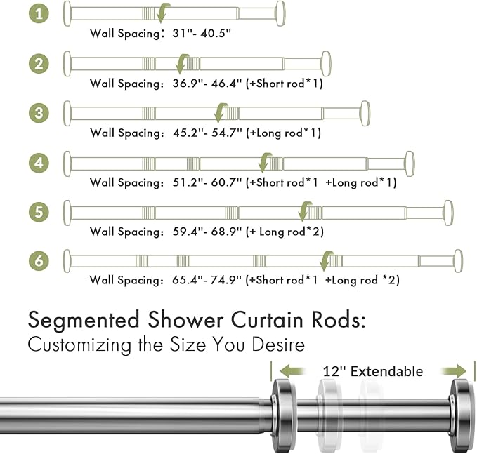 AmazerBath Spring Tension Shower Curtain Rod, 31-75 Inches Heavy Duty Tension Rod Rust Proof Bathroom Curtain Rod, Adjustable No Drill Easy Segmented Installation, Chrome