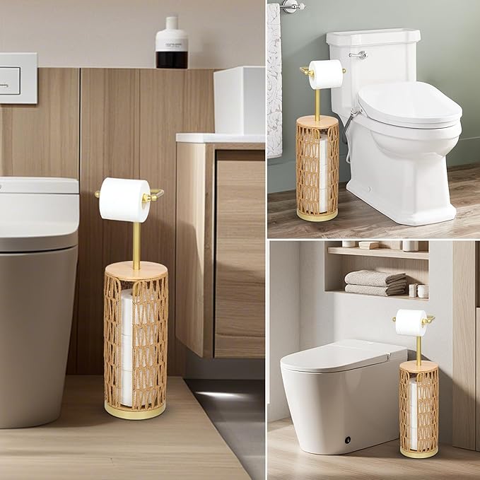 Trongee Freestanding Toilet Paper Holder with Storage,3 Rolls of Boho Toilet Paper Holder Stand with Lid,Gold Toilet Tissue Holder Stand Rattan Paper Storage Wicker Toilet Roll Holder Basket