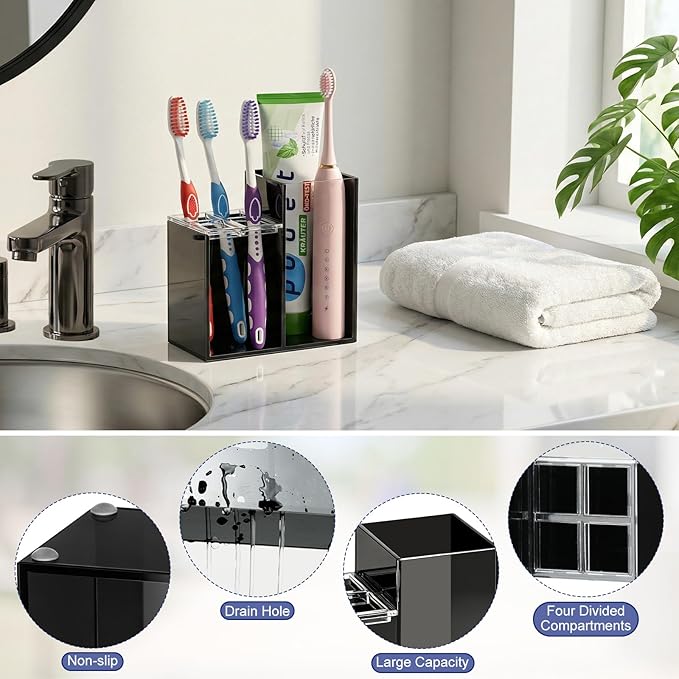 Acrylic Toothbrush Holders for Bathroom, 5 Slots Toothbrush and Toothpaste Storage Organizer Holder, Home Decor for Bathroom Accessories Organizer - Black