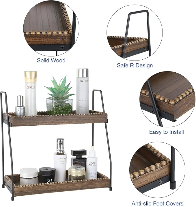 Gurfuy Bathroom Vanity Organizer 2-Tier Wood Countertop Storage Counter Shelf for Makeup Skincare Perfume Jewelry Tray Spice Rack Brown