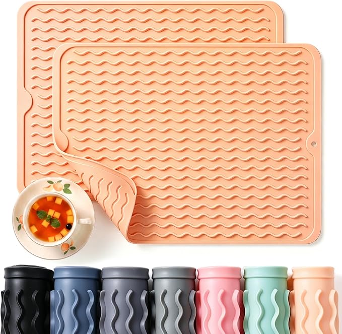 CAKETIME 2 Pack Silicone Dish Drying Mat for Kitchen Counter Waterproof Place mats Sink Protector Stove Top Organizer Appliance Storage Vanity Trays Dryer Rack Drainers Items 15"x11.5" Beige
