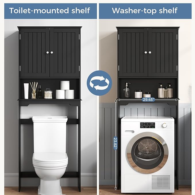 DUMOS Over the Toilet Storage Cabinet, Bathroom Storage Cabinet Over Toilet with Double Doors and Adjustable Shelf, Freestanding Toilet Rack for Bathroom, Black