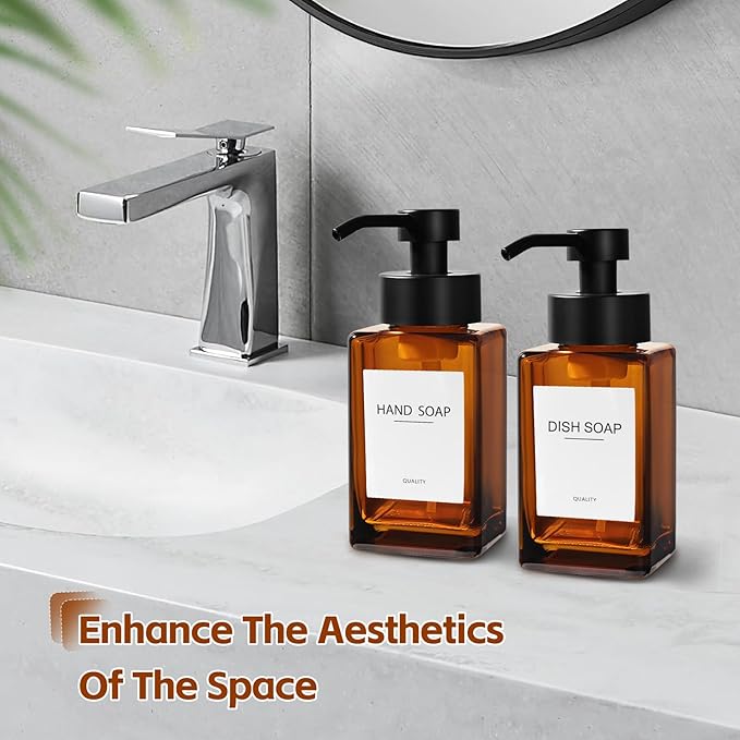 Foam Hand Soap Dispenser, 12oz/350ml Amber Foaming Soap Dispenser Set, 2Pcs Amber Glass Foam Dispenser with Foaming Pump, Labels, Refillable Square Dispenser for Bathroom, Kitchen