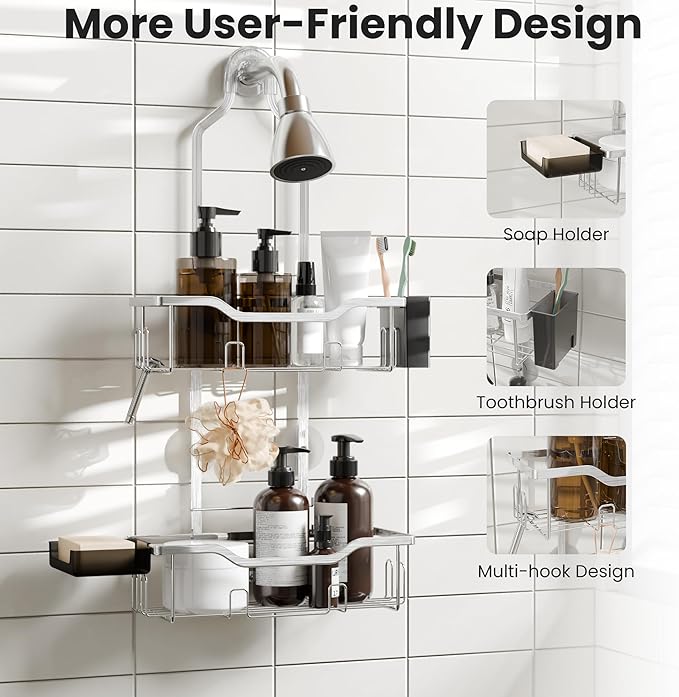 Shower Caddy Hanging 2-Tier Shower Organizer for Tall Showerhead,Rustproof Over Shower Head Rack,No Drill Bathroom Shower Caddy with Soap Dish,Toothbrush Holder and Hooks,Silver