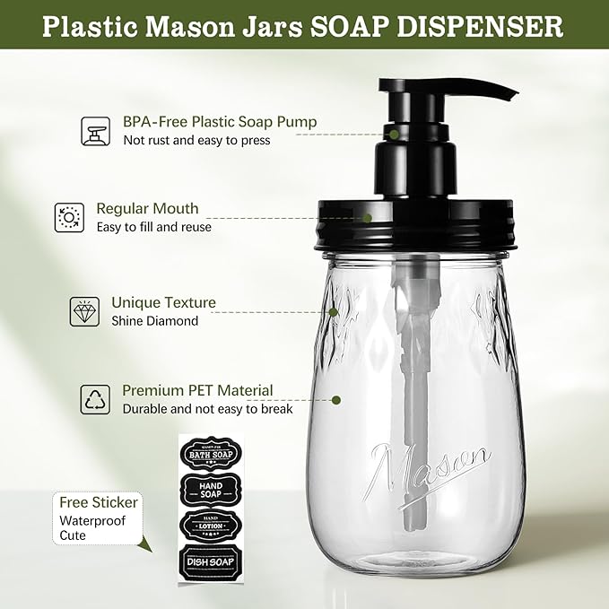 Amolliar Plastic Soap Dispenser with Pump Lid, 16 Oz Refillable Bathroom Hand Dish Soap Dispenser Set, Clear Kitchen Liquid Dispenser with Cute Lables for Farmhouse Shower (1 Pack, Black)