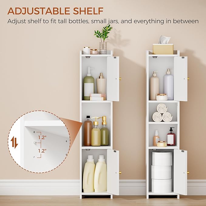 ANWBROAD Slim Bathroom Storage Cabinet Corner Narrow Cabinet with 2 Doors and Adjustable Shelf Freestanding Small Bathroom Organizers and Storage for Small Spaces, Kitchen, Living Room White USBC011W