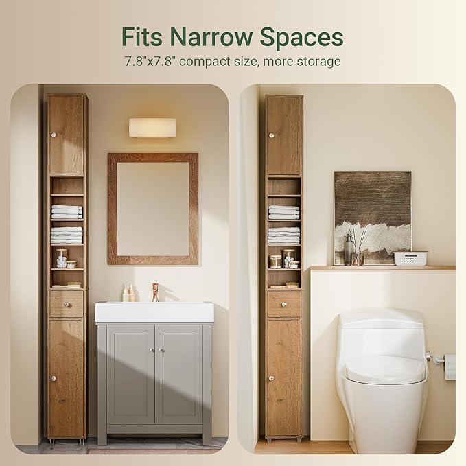Haotian Bathroom Narrow Storage Cabinet Skinny Tall Unit with Adjustable Shelves Slender Anti-Tipping Floor Standing Cupboard, Natural BZR34-PF
