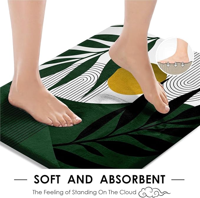 Boho Olive Green and Gold Shower Curtain Set with Toilet Lid Cover and Non-Slip Rugs, Mid Century Modern Abstract Minimalist Leaves Neutral 4 Pcs Shower Curtain for Bathroom Set with 12 Hooks