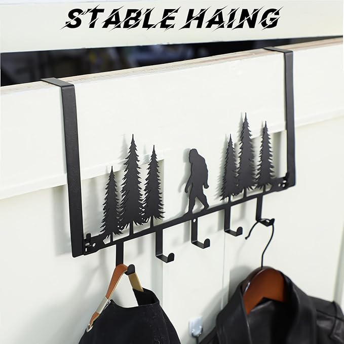 AceOrbit Black Bigfoot Over The Door Hooks Hanger Wall Mount Towel Hanger Door Holder Organizer 5 Hooks Kawaii Farmhouse Rustic Coquettish Style Decor for Bedroom Bathroom Towel Hat Clothes