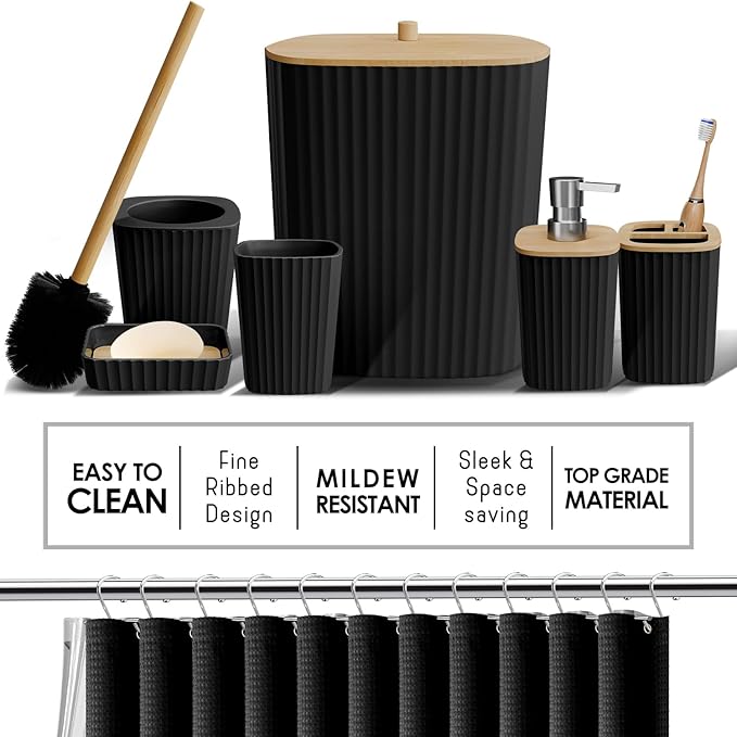 Clara Clark Bathroom Accessories Set - Bathroom Set with Adhesive Corner Shower Caddy Hanging, 25PC Bathroom Accessory Set, Black Shower Curtain Set, Toilet Brush, Trash Can & Soap Dispenser