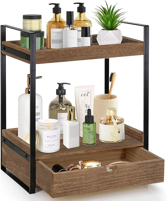 2-Tier Bathroom Organizer Countertop with Drawer, Wood Counter Shelf for Storage, Vanity Tray for Organization and Decor, Countertop Organizer for Bathroom, Kitchen, Office (Dark Brown)