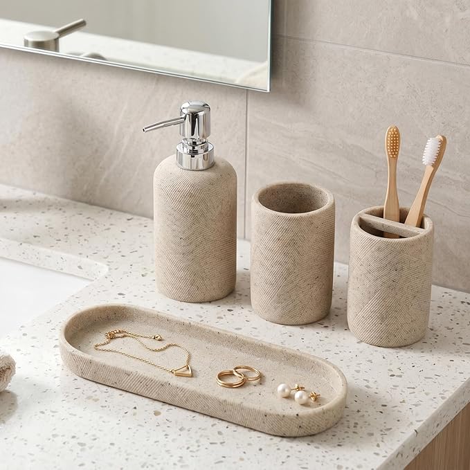Bathroom Accessories Set, Bathroom Organizer Countertop, Soap Dispenser and Toothbrush Holder, Mouthwash Cup, Tray Set, Vanity Tray for Bathroom, 4 Pieces Modern Decor (Beige)
