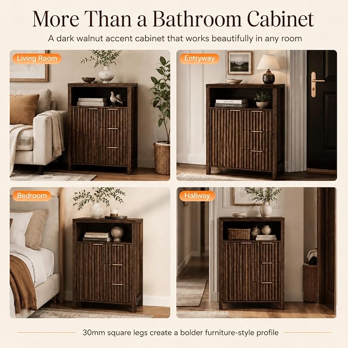 VINGLI Bathroom Floor Storage Cabinet with 3 Drawers, Modern 32" Freestanding Short Storage Organizer with Fluted Door & Adjustable Shelf, 12 Inch Deep Walnut Wooden Console for Small Space