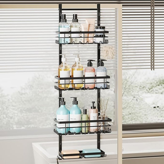 SWTYMIKI Over The Door Shower Caddy - 4 Tier Rustproof Hanging Shower Organizer with Adjustable Shelves, 40 Hooks & Soap Holder, Hanging Shower Rack Storage for Bathroom Accessories, Black