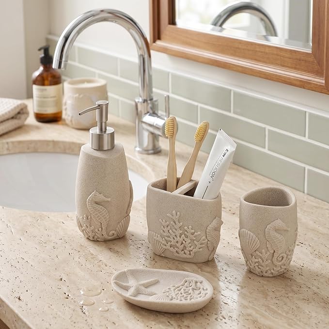 Bathroom Accessories Set, 4 PCS Bathroom Accessory Sets with Soap Dispenser, Toothbrush Holder, Tumbler, Soap Dish, Bathroom Countertop Organizer, Sea Bathroom Decor (Beige)