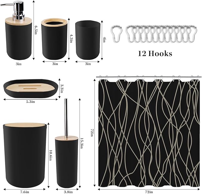 Britimes Bathroom Accessories Set, 19PC Black Shower Curtain Set with Trash Can, Soap Dispenser, Toilet Brush Holder, Toothbrush Holder and Toothbrush Cup for Bathroom Decor