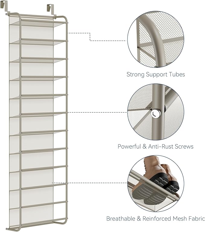 Whitmor 36 Pair Over The Door Shoe Organizer, 12 Tier Hanging Shoe Organizer, Heavy Duty Metal & Mesh Shoe Holder, Hanging Shoe Rack for Closet Organizer & Storage, 74" L x 21.7" W x 7.5" H, Mocha