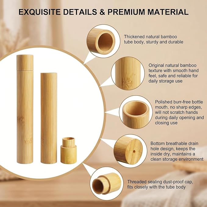 2 Pcs Natural Bamboo Toothbrush Storage Holder Empty Reusable Portable Toothbrush Case with Cover Personal Cleaning Tools Container Organizer Tube for Travel Trip