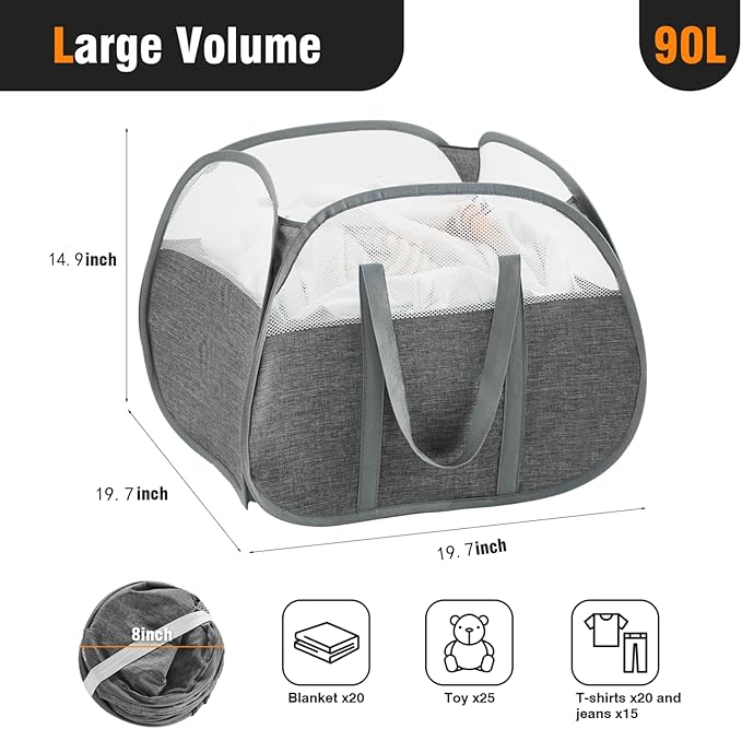 TECHMILLY Pop Up Foldable Laundry Basket, 90L Large Capacity Square & Tear Proof Laundry Hamper with Reinforced Handles for Dirty Clothes Storage in Dorm, Laundry Room, Bathroom, Grey(Fabric), 3 Pack