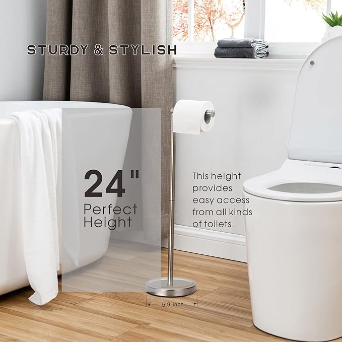 Songtec Toilet Paper Holder Stand, Sturdy Floor Standing Tissue Roll Holder for 5 Toilet Paper Rolls, Rust-Proof & Heavy Stainless Steel Base (Brushed Nickel)