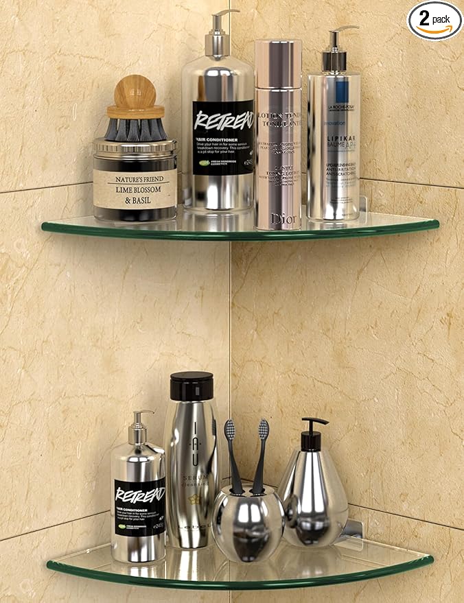 Bakzon Glass Corner Shower Shelf 2 Pack, 9.5" Tempered Glass Shower Caddy No Drill Adhesive Wall Mount, Holds 22 lbs, Rustproof Aluminum Brackets, Bathroom Corner Shelf for Inside Shower
