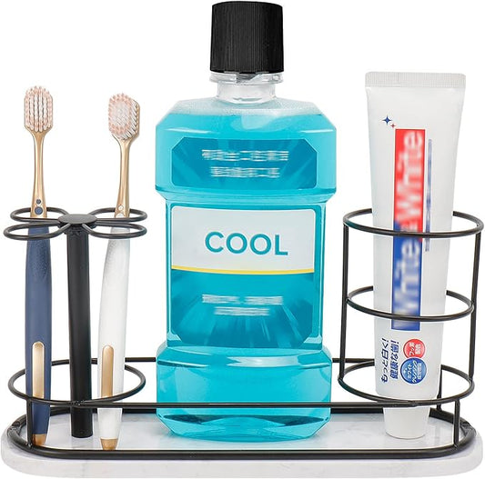 Toothbrush Holder Stand for Bathroom, Metal Toothbrush Organizer with Marble Base, Toothbrush Storage Collection for Family, Suitable for Home Hotel Countertop Vanity (Large, Matte Black)