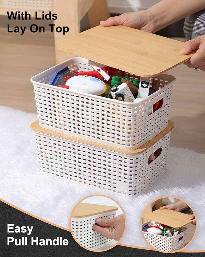 EOENVIVS Plastic Storage Baskets with Bamboo Lids for Pantry Organization and Storage Containers Bins for Shelves Drawers Desktop Closet Playroom Classroom Office Home, 6 Pack,White