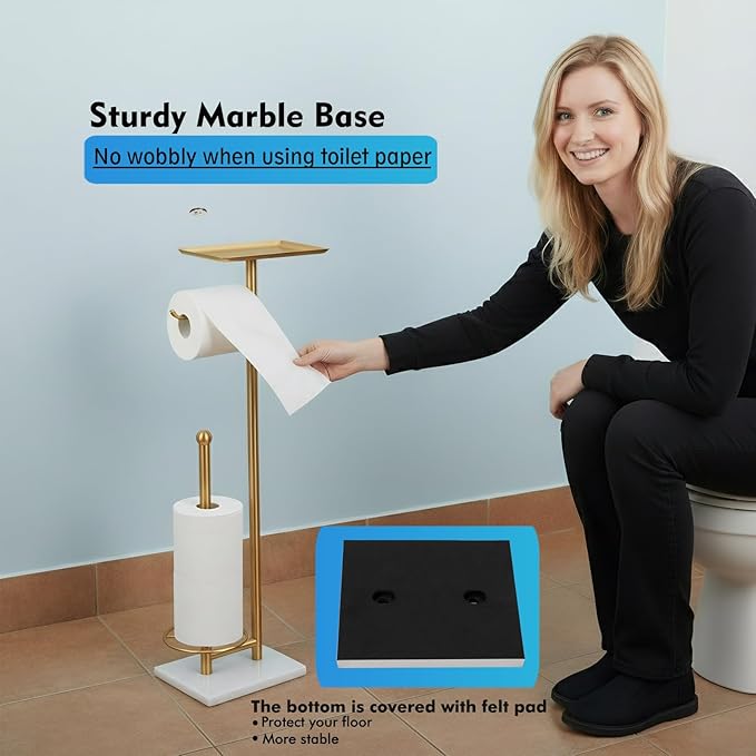 Gold Toilet Paper Holder with Shelf, Free Standing Toilet Paper Holder with Storage - Toilet Paper Stand for Holding Extra 3 Rolls, Tissue Holder for Bathroom (Gold with Marble Base)