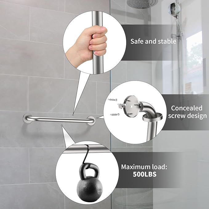 2 Pack 16 Inch Shower Grab Bar Satin Brushed Nickel, ZUEXT Stainless Steel Safety Grab Bar Handle, Bathroom Balance Bar, Safety Hand Rail Support - Handicap, Elderly, Injury, Senior Assist Bath Handle
