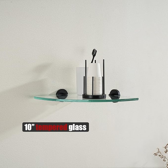 JQK Corner Glass Shelf Black, Bathroom 304 Stainless Steel Shower Triangle Floating Wall Shelf, 10 x 10 Tempered Glass, 3 Pack, TGS190L10-PB-P3