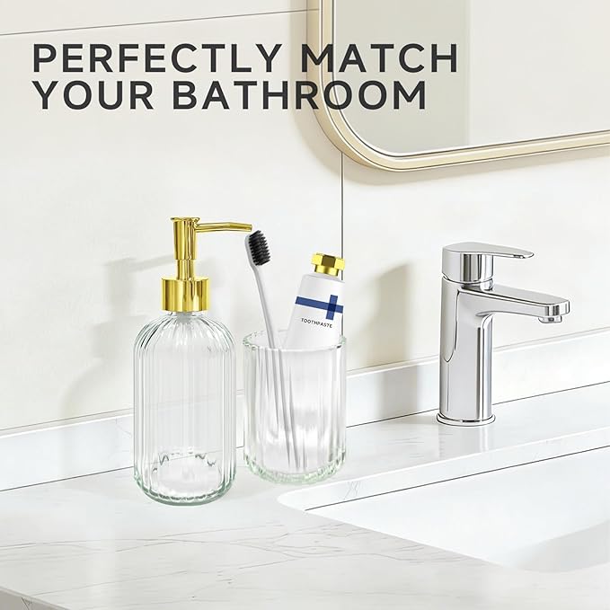 2 PCS Clear and Gold Glass Bathroom Accessory Sets, Clear Bathroom Set, Soap Dispenser and Toothbrush Holder Set for Modern Bathroom Decor