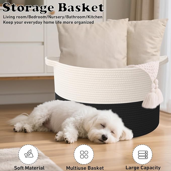 115L Extra Large Blanket Basket,Woven Rope Laundry Basket Hamper with Handles, Decorative Nursery Basket Storage Bin for Toys, Clothes Organizer, Living Room, Bedroom, Bathroom, White&Black