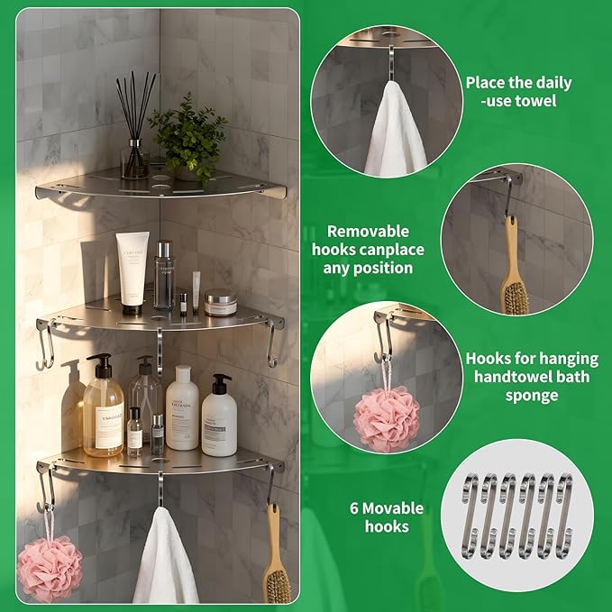 3 Pack Corner Shower Shelves, 304 Stainless Steel Corner Shelf Bathroom with 6 Hooks 40 lbs Heavy Duty, Durable for Inside Shower Brushed Nickel Drilling Installation（Silver