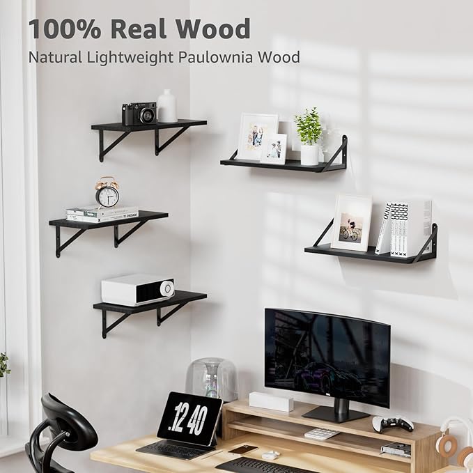 COCOYA Wall Shelves 7.3" Deep Set of 2, Solid Paulownia Wood Wider Longer Sturdy Easy to Install Wall Mounted Bookshelves Storage Shelves Bathroom Home Office Laundry Room Bedroom Organizer Black
