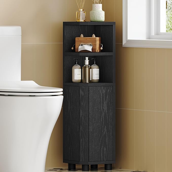 Hzuaneri Corner Cabinet, Small Bathroom Corner Cabinet with Doors, Narrow Storage Cabinets with Adjustable Shelves, Bathroom Organizers and Storage for Small Space, Black BC21004X
