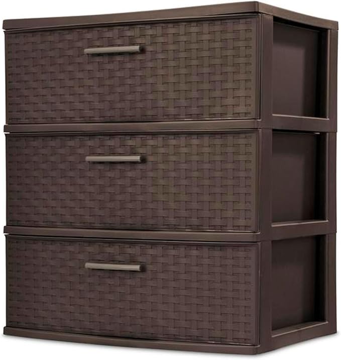Sterilite Wide 3 Drawer Weave Tower Home Plastic Organizer with Handles, Espresso - Tall Vertical Storage Unit for Bedroom, Closet, Bathroom, Dorm Room, and Office Organization