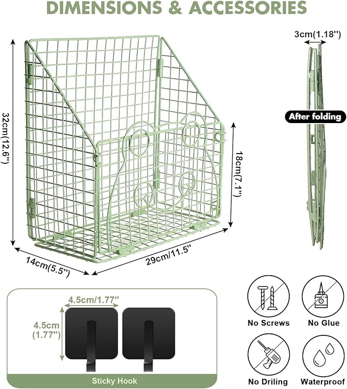 Greentainer Bath Toy Storage Organizer, Large Rustproof Metal Wire Basket, Foldable Wall Mounted Hanging Bathtub Toy Holder with Drainage, No Drilling Adhesive Shower Caddy for Bathroom Tub