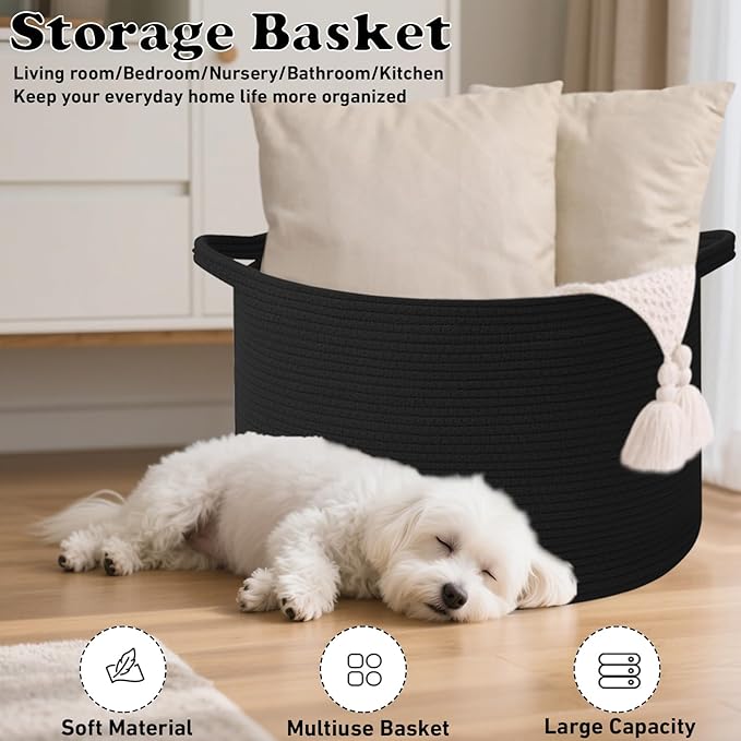 65L Large Blanket Basket,Woven Rope Laundry Basket Hamper with Handles,Decorative Nursery Basket Storage Bin for Toys, Pillows , Clothes Organizer, Living Room, Bedroom, Bathroom, Black
