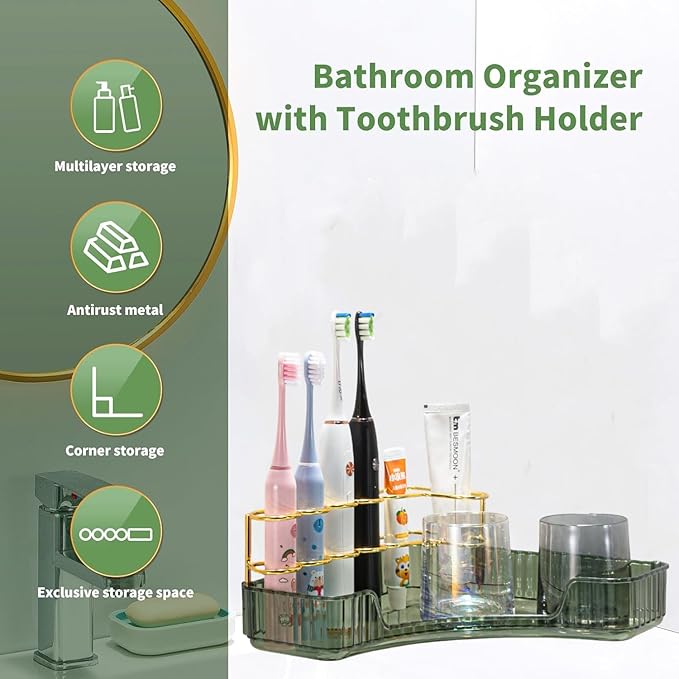 Toothbrush Holder Makeup Organizer for Vanity, 1-Tier Corner Bathroom Organizer Countertop with Makeup Brush Holder, Corner Counter Storage for Bathroom Dresser- Green