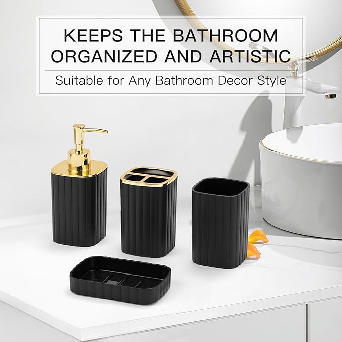 4-Piece Bathroom Accessories Set, Black and Gold Bathroom Set Includes Soap Dispensers, Toothbrush Holder, Soap Dish and Cup, Black Gold Bathroom Decor for Modern Homes